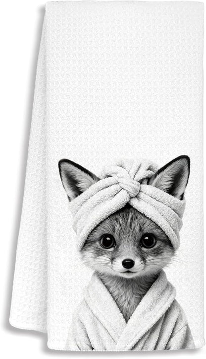 Funny Fox Bathroom Hand Towels, Fox Gifts for Women, Gifts for Animal Lovers, Black and White Farmhouse Wild Animal Decorative Hand Towels for Bathroom Decor, 16x24 Inch