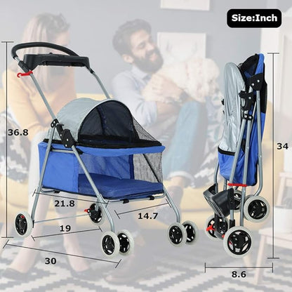 Pet Stroller 4 Wheels Posh Folding Waterproof Portable Travel Cat Dog Stroller with Cup Holder,Blue