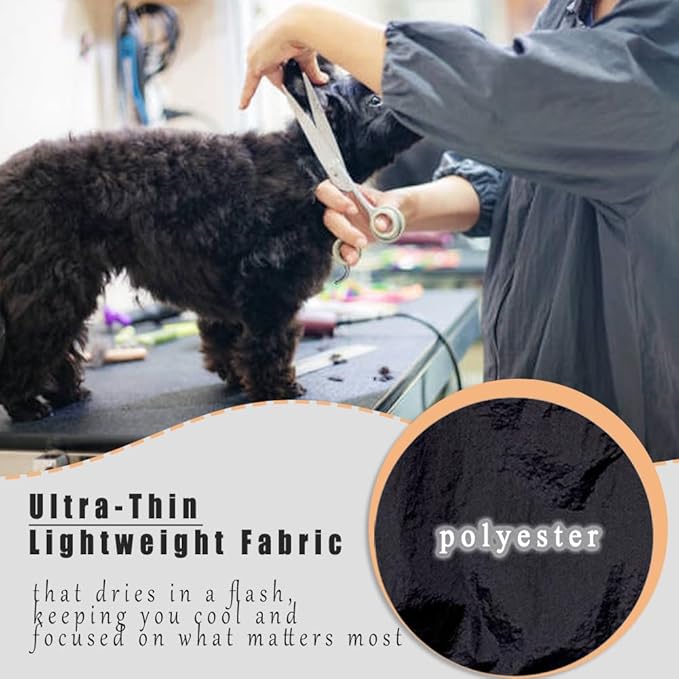 Dog Grooming Smock for Men Women, Anti-Static Smock for Pet Shop Dog Cat Grooming, Long Sleeves, Water Resistant, (Black with Print Bichon L)