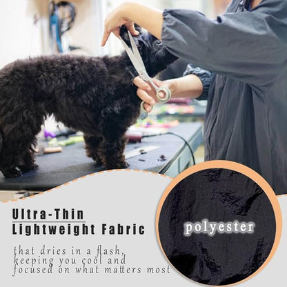 Dog Grooming Smock for Men Women, Anti-Static Smock for Pet Shop Dog Cat Grooming Bathing, Long Sleeves, Water Resistant and Hair Proof, (Black with Print Schnauzer M)