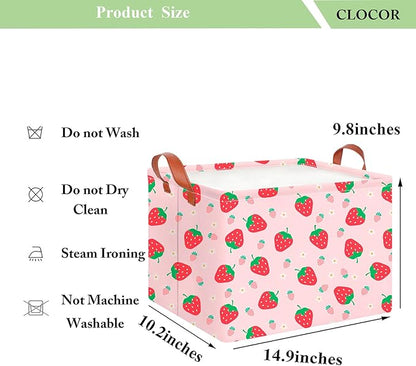 CLOCOR Rectangular Storage Basket,Collapsible Cute Pattern Storage Bin,Waterproof Books Box with Handles,Gift Basket(Strawberry)