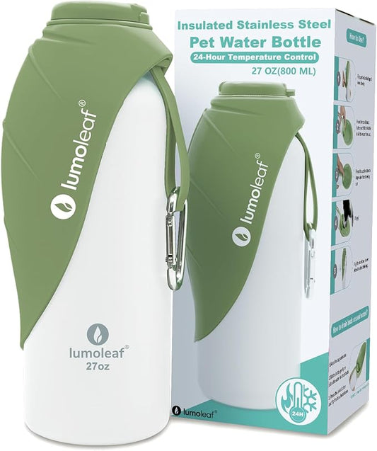 LumoLeaf Insulated Dog Water Bottle 27 oz Stainless Steel - Keep Water Cool or Warm, Portable Pet Water Bowl for Travel, Wide Mouth for Easy Ice Filling & Cleaning (Green, 27 oz)