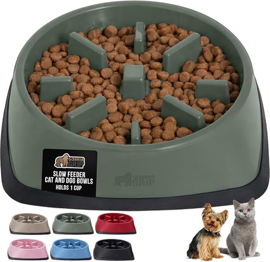 GORILLA GRIP Patented BPA Free Slow Feeder Dog Bowls, Interactive Puzzle Toy for Dogs and Cats Food Training Enrichment, Keeps Pets Busy and Prevents Puppy Overeating, Small Breeds, 1 Cup, Sage Green