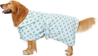 HDE Dog Bathrobe Super Absorbent Quick Drying Puppy Towel Wrap Coat Adjustable After Bath Robes with Hood for Dog Sizes S-XXL Teddy Bears XL