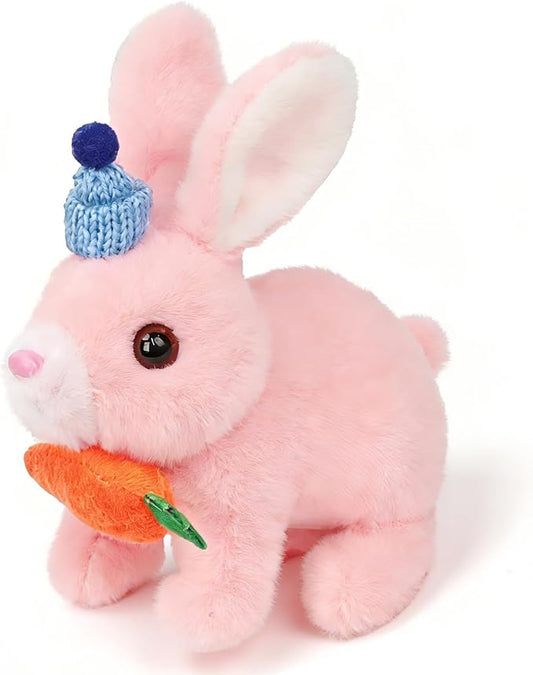 Easfan Bunny Plush Jumping Spotted Pink Rabbit with Hat Hopping Ears Nose Moving Educational Plush Toy Singing Shaking Glowing Interactive Toy Electric for Toddlers Kids