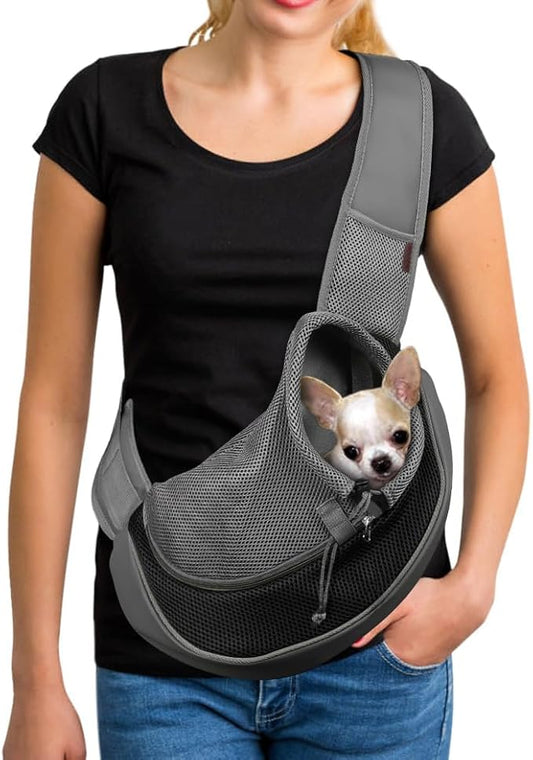 YUDODO Pet Sling Carrier for 10-15 lbs Small Dogs & Cats – Hands-Free Puppy Carrier with Safety Hook, Large Zipper Pocket, Soft Breathable Mesh, Adjustable Strap & Reflective Strip (Black 1.0 L)