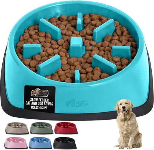 GORILLA GRIP Patented BPA Free Slow Feeder Dog Bowls, 4 Cup Interactive Puzzle Toy for Dogs and Cats Food Training Enrichment, Keeps Pets Busy and Prevents Puppy Overeating, Large Breeds, Turquoise
