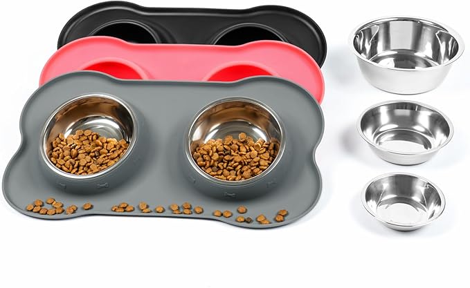 Dog Bowls with Non-Slip Silicone Mat, Spill Proof Large Food & Water Bowls Set, Easy Clean Dog Food Dish, Dishwasher Safe, Suitable for Dogs Cats Pet Under 90lbs, Large, Grey