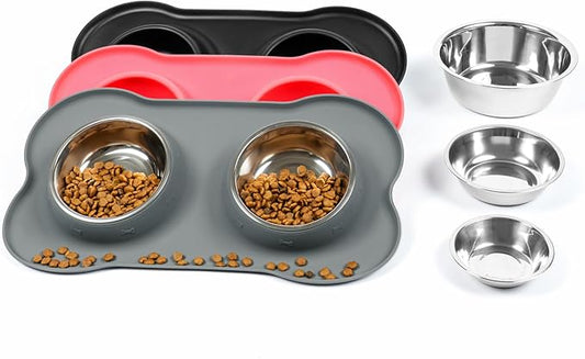 Dog Bowls with Non-Slip Silicone Mat, Spill Proof Large Food & Water Bowls Set, Easy Clean Dog Food Dish, Dishwasher Safe, Suitable for Dogs Cats Pet Under 90lbs, Large, Grey