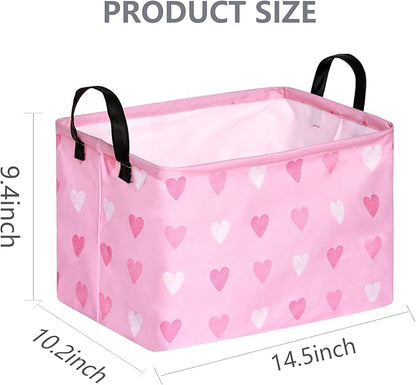 Valentine's Day Gift Basket Pink Heart Print Box Hamper Storage Basket Collapsible Organizer Bin Gift Shelf Baskets for Home and Kitchen Storage