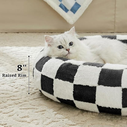 Checkered Cat Dog Bed, Cute Black White Retro Style Aesthetic Round Warming Pet Calming Beds for Small Dog and Cats, Plush Cozy Donut Beds Washable, 23" L x 23" W x 8" Th
