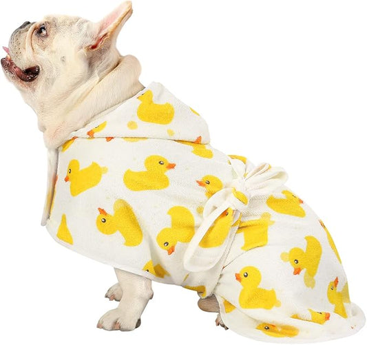 HDE Dog Bathrobe Super Absorbent Quick Drying Puppy Towel Wrap Coat Adjustable After Bath Robes with Hood for Dog Sizes S-XXL White Rubber Ducks M