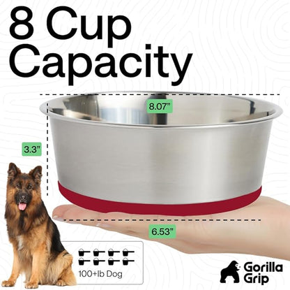 GORILLA GRIP Dog Bowls, Heavy Duty 304 Stainless Steel, Holds 8 Cups Each (64 fl oz) Food and Water Bowl for Feeding Dogs and Cats, Dishwasher Safe, Rust Resistant, BPA Free Rubber Base Set of 2 Red