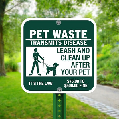 "Pet Waste Transmits Disease - Clean Up After Your Pet" Sign - 12" w x 12" h Square - Rustproof Aluminum- Metal Outdoor Dog Waste Station Sign for Outdoor Parks, HOAs, Homes ($75 to $500 Fine)