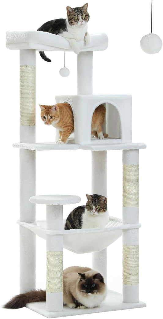MUTTROS Cat Tree for Large Cats with Metal Plush Big Hammock, 56.3" Cat Tower for Indoor Cats with 2 Door Condo House, 6-Tier Cat Shelves with Scratching Posts and Large Top Perch, Cream White