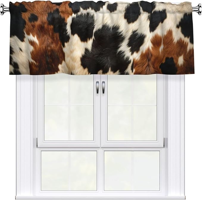 Cow Print Curtain Valance Short Rod Pocket Window Treatment for Living Room Bedroom Kitchen Bathroom 1 Panel 54" W x 18" L