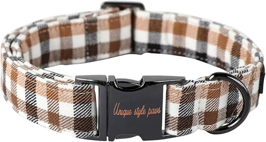 Unique style paws Dog Collar Metal Buckle Gift for Small Medium Large Boys Girls Dogs, brown plaid, XS