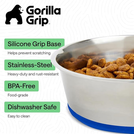 GORILLA GRIP Dog Bowls, Heavy Duty 304 Stainless Steel, Holds 4 Cups Each (32 fl oz) Food and Water Bowl for Feeding Dogs and Cats, Dishwasher Safe, Rust Resistant, BPA Free Rubber Base Set of 2 Blue