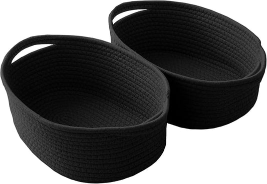 Woven Basket,Small Rope Storage Bin with Handles & Ribbon Bag, Organizer for Shelves Closets,Gift Basket Empty for Birthday,Books,Dog Toys, Black/2 Pack