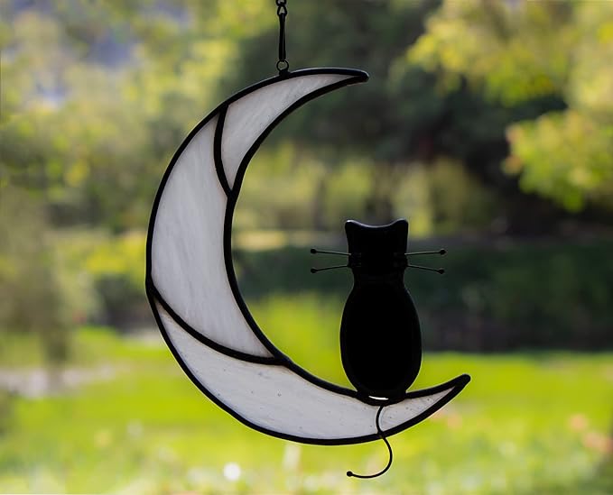 Black Cat On White Moon Stained Glass Window Hangings Ornament,Cat Memorial Gifts, Themed Gifts for Cats Lovers