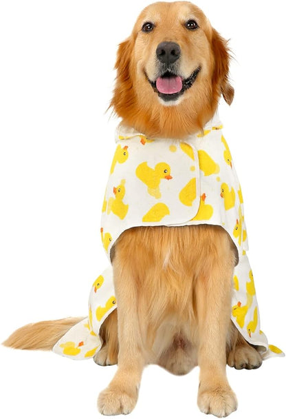 HDE Dog Bathrobe Super Absorbent Quick Drying Puppy Towel Wrap Coat Adjustable After Bath Robes with Hood for Dog Sizes S-XXL White Rubber Ducks XXL