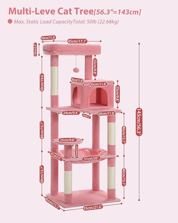 MUTTROS Cat Tree for Large Cats with Metal Plush Big Hammock, 56.3" Cat Tower for Indoor Cats with 2 Door Condo House, 6-Tier Cat Shelves with Scratching Posts and Large Top Perch, Pink