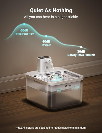 DownyPaws Cat Water Fountain Cordless, 84oz/2.5L Fursink Wireless Pet Water Fountains for Cats Indoor, Battery Operated Cat Drinking Fountain with Motion Sensor, Ultra Quiet Pump, BPA-Free, White Pro