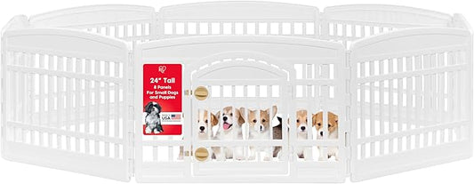 IRIS USA 24" Dog Playpen 8-Panel Pet Exercise Pen with Door Gate 83.5x83.5x24 Puppy Play Pen Indoor Outdoor Plastic Foldable Portable Pet Fence for Small Medium Dogs Puppies Multiple Pets White