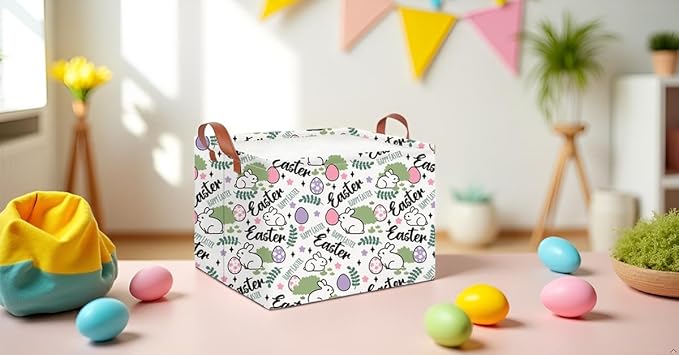 CLOCOR Rectangular Green Easter Gift Basket Empty,Waterproof Storage Basket with Handles,Room Decor(Rabbit Egg)