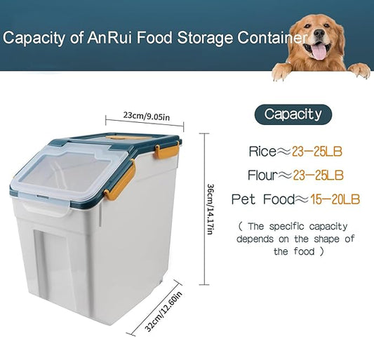 AnRui Airtight Flour Storage Container 25lb, Plastic Grain Storage Bucket, Rice Cereal Dispenser Organizer Box with Lid, Cat Dog Food Storage Bin with Measuring Cup, Scoop, Wheels, 2Pcs Blue
