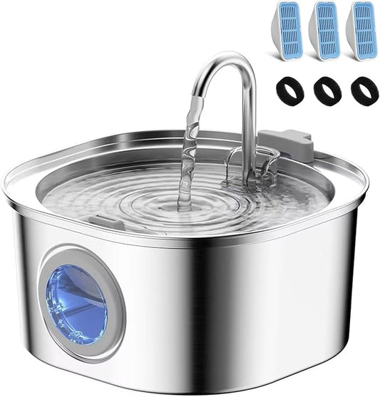 PEKTACO Stainless Steel Cat Water Fountain, 3.2L/108oz Cat Water Dispenser with Quiet Water Pump, Dishwasher Safe Pet Drinking Fountain for Cats with 3 Filters + 3 Sponges