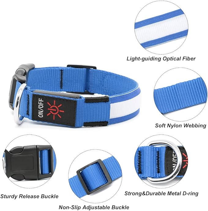 Illumifun LED Dog Collar, Fashion Rechargeable Dog Collar Glow in The Dark, Water-Resistant Safety Pet Collar for Your Dogs Walking at Night (Blue, Medium)