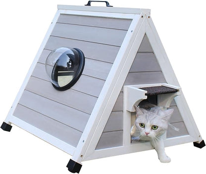 Deblue Outdoor Cat House for Feral Cats, Weatherproof Wooden Cat House for Small Pets, Unique Cat Shelter with Escape Door, Clear Window-Grey