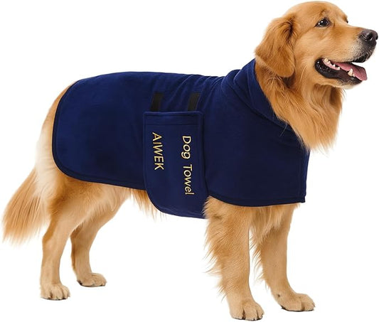 Dog Towel Dog Bathrobe, Microfiber Super Absorbent Pet, Quick Drying Robe for After Bath, Adjustable Collar & Belly Strap Pet Cat Bath Robe Towel Blue-XL