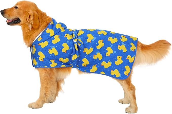 HDE Dog Bathrobe Super Absorbent Quick Drying Puppy Towel Wrap Coat Adjustable After Bath Robes with Hood for Dog Sizes S-XXL Blue Rubber Ducks XXL