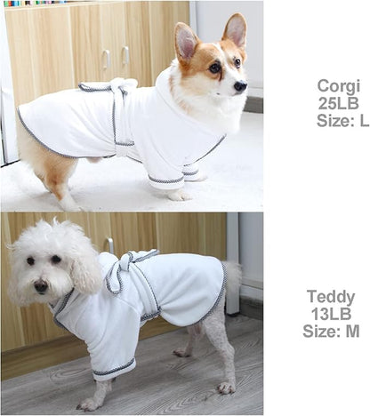 Dog Bathrobe, Microfiber Fast Drying Absorbent Hooded Bath Towel White for Puppy Small Medium Large Dog Cat (S, White)