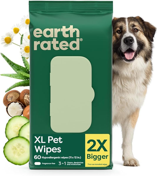 Earth Rated XL Pet Wipes for Dogs & Cats, Unscented Hypoallergenic, 60 Ct