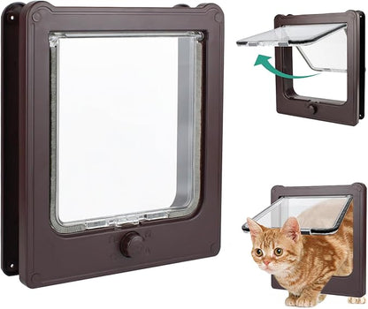Large Cat Door for Interior Door (Outer Size 10.8"x9.25") 4-Way Locking Cat Door for Exterior Door Brown Cat Flap Up to 25lb