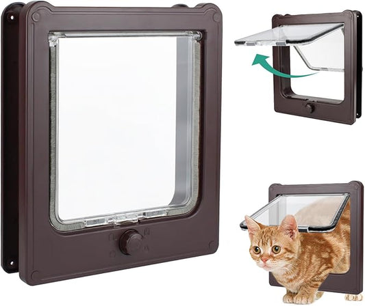 Large Cat Door for Interior Door (Outer Size 10.8"x9.25") 4-Way Locking Cat Door for Exterior Door Brown Cat Flap Up to 25lb