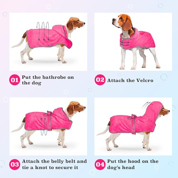 Dog Bathrobe with Hood - Super Absorbent Quick Drying Microfiber Pet Towel Dog Robe for After Bath (Rose red, Large)