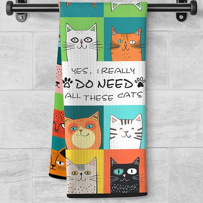 Cat Kitchen Towels - Quick-Dry Grid of Adorable Feline Cubby Art with Proud Collection Declaration, Decorative Dish Towel for Cat Lady Essentials & Whimsical Pet Mom Gifts | Humorous Hand Cloth