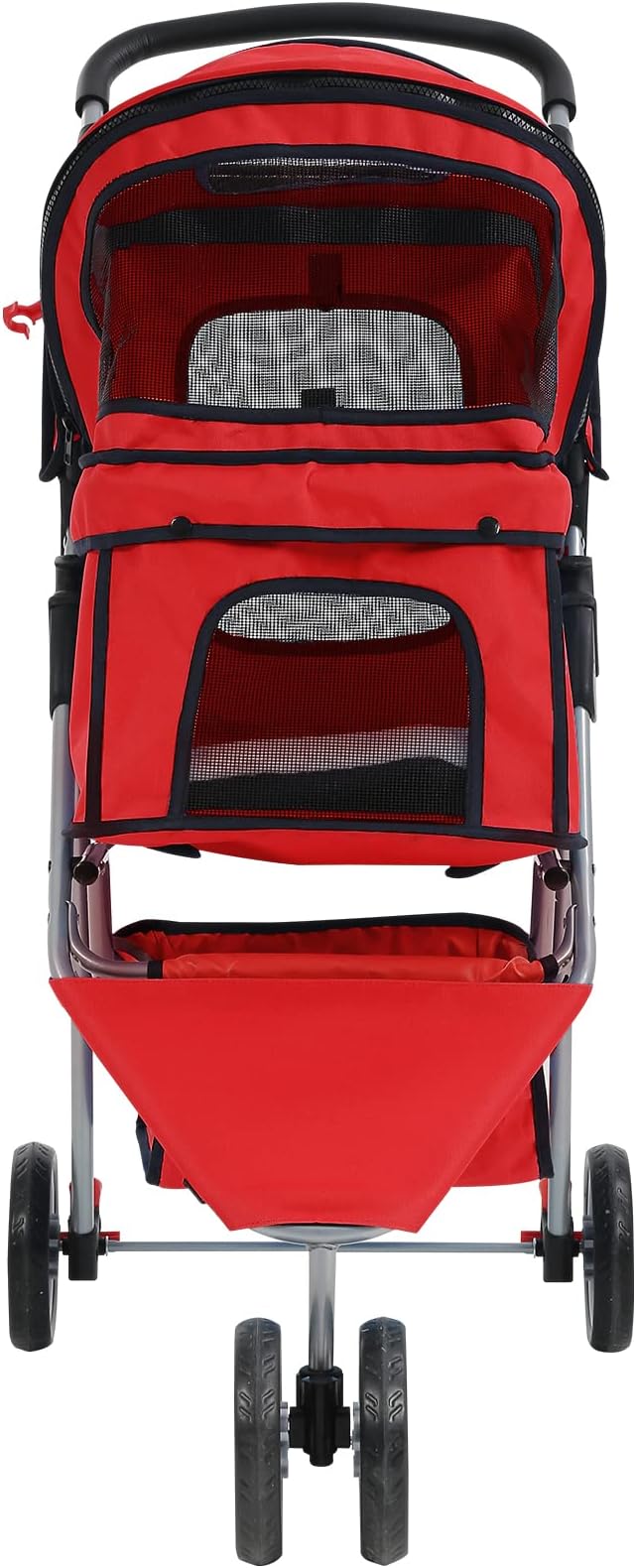 Dkeli 3-Wheel Pet Stroller, Lightweight Foldable Dog Stroller for Small Medium Dogs & Cats, Breathable Mesh & Weather Cover with Storage Basket, for Daily Walk Outdoor Travel (Red)