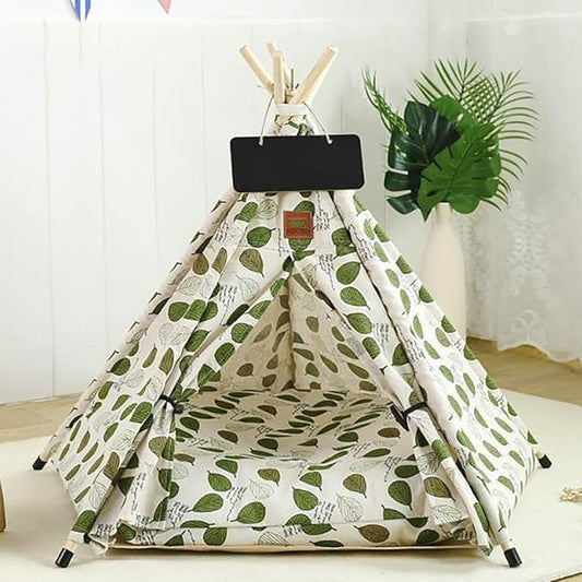 Stylish Pet Teepee Tent with Removable Cushion, Foldable Cat & Dog Tent House with Solid Wood Frame for Indoor Use (Multiple Patterns & Sizes)(B,S)