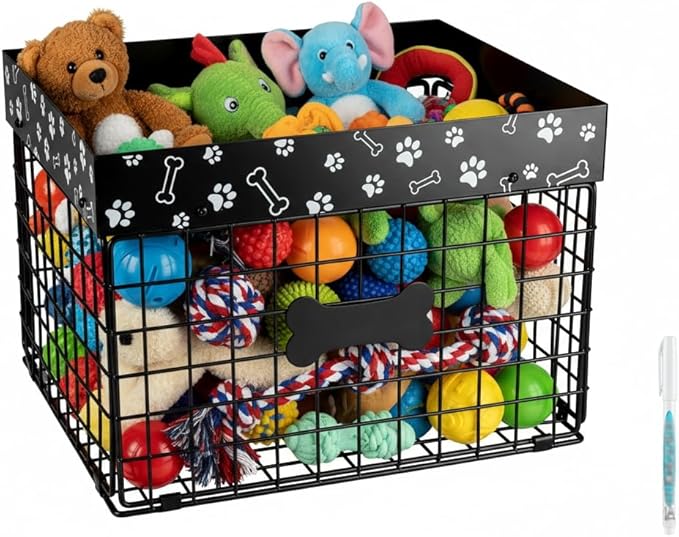 Indestructible Dog Toy Bin - Metal Dog Toy Basket, Pet Wire Folding Basket - Large Dogs Toys Storage Personalized - Dogs Toys Box Chew-Proof Pet Supplies Holder for Living Room, Black