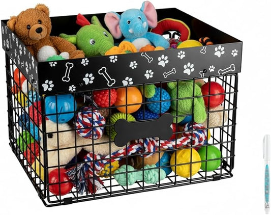 Indestructible Dog Toy Bin - Metal Dog Toy Basket, Pet Wire Folding Basket - Large Dogs Toys Storage Personalized - Dogs Toys Box Chew-Proof Pet Supplies Holder for Living Room, Black