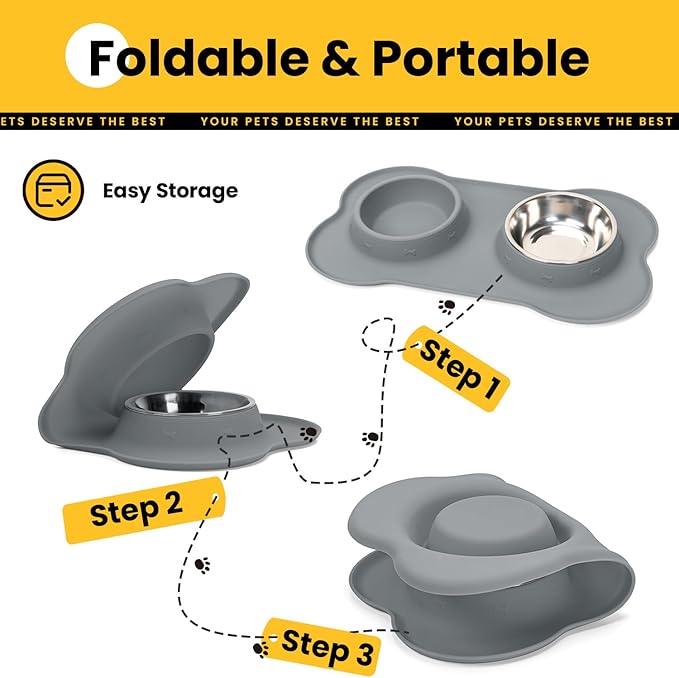 Dog Bowls with Non-Slip Silicone Mat, Spill Proof Large Food & Water Bowls Set, Easy Clean Dog Food Dish, Dishwasher Safe, Suitable for Dogs Cats Pet Under 90lbs, Large, Grey