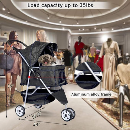 Dkeli 3-Wheel Pet Stroller, Lightweight Foldable Dog Stroller for Small Medium Dogs & Cats, Breathable Mesh & Weather Cover with Storage Basket, for Daily Walk Outdoor Travel (Black)