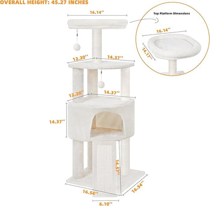HUITREE 45in Cat Tree Tower with Big Condo for Indoor Kitten,Cat Tower with Scratching Post,Scratching Board and Cat Toys,Multi-Level,Small Space,Transformer Cat Tree, Beige(New)