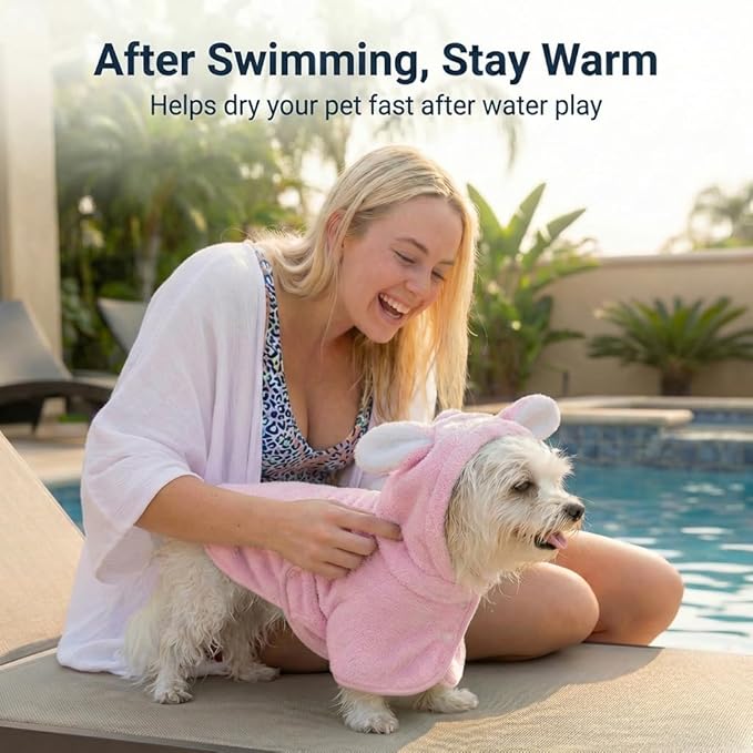 Dog Bathrobe Super Absorbent Towel for Small Dogs Cats Fast Drying Dog Robe Coat with Hood Puppy Cat Bath Towel Wrap Pet Grooming Supplies After Shower (Light Pink,S)