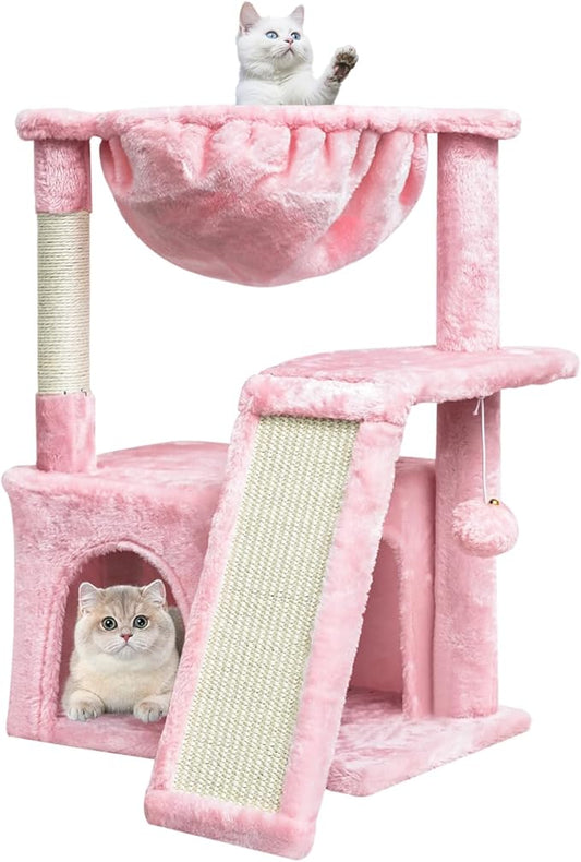 SYANDLVY Cat Tree for Indoor Cats Large Adults, Modern Activity Tower with Scratching Posts & Board, Condo with Plush Perch, Climbing Stand with Cradle & Hanging Ball for Play, Pink